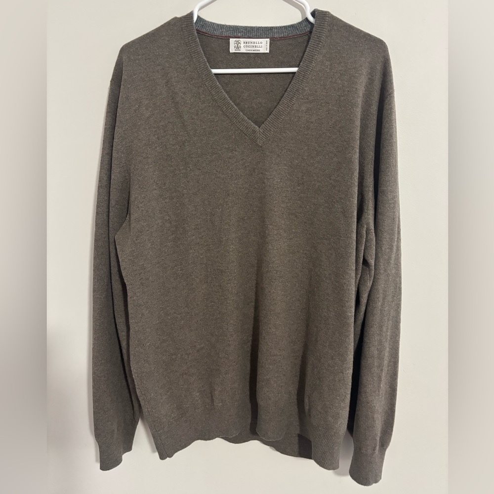 New Brunello Cucinelli Men's V-Neck Sweater - Brown 100% Cashmere